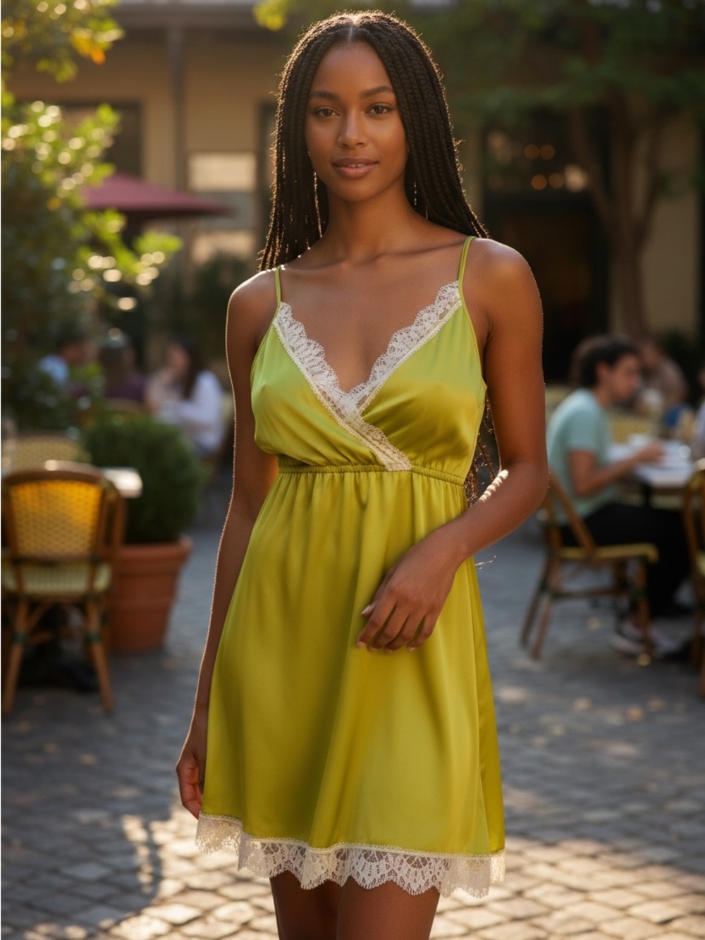 COPE Neon Green Dress with White Lace Trim, Size Medium